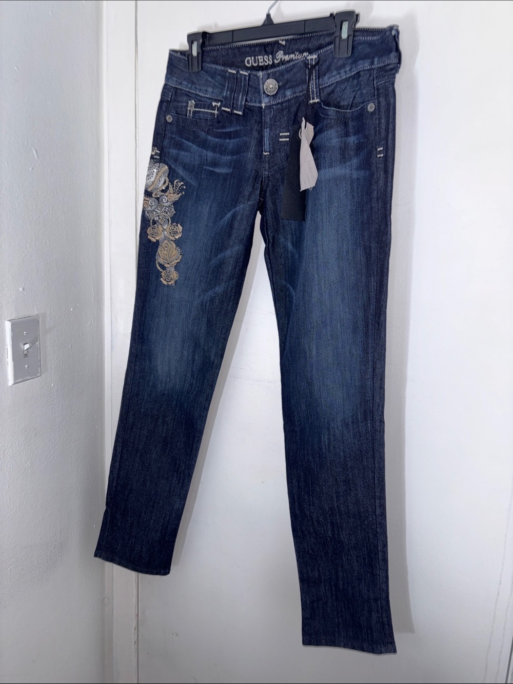 GUESS Dark Blue Skinny Jeans with Gold Floral Embroidery